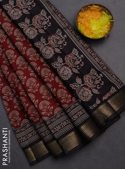 Semi maheshwari cotton saree maroon and black with allover butta prints and zari woven border