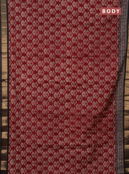 Semi maheshwari cotton saree maroon and black with allover butta prints and zari woven border