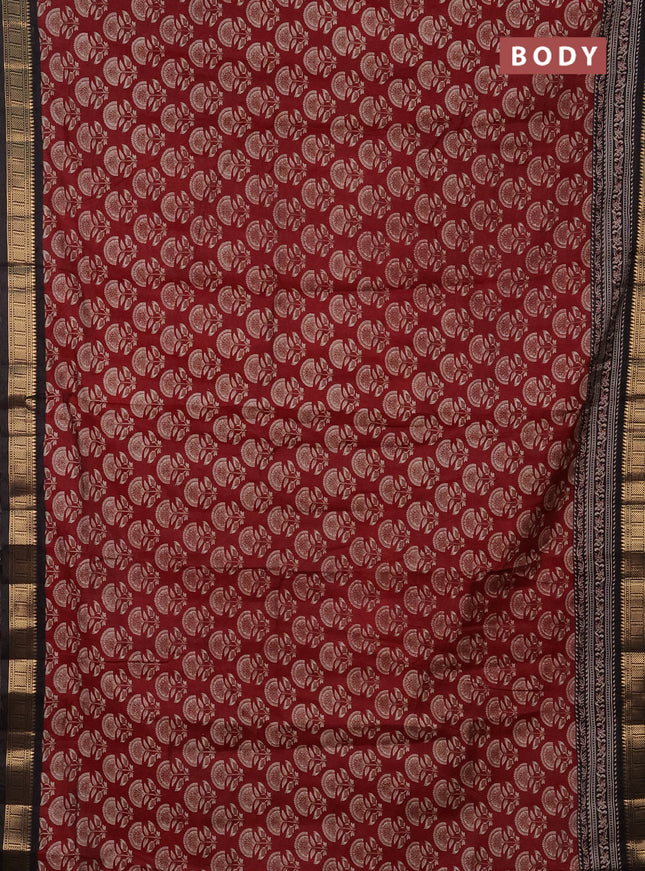 Semi maheshwari cotton saree maroon and black with allover butta prints and zari woven border