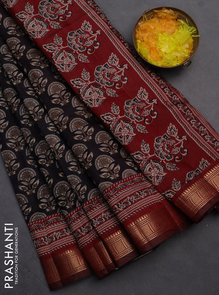 Semi maheshwari cotton saree black and maroon with allover butta prints and zari woven border