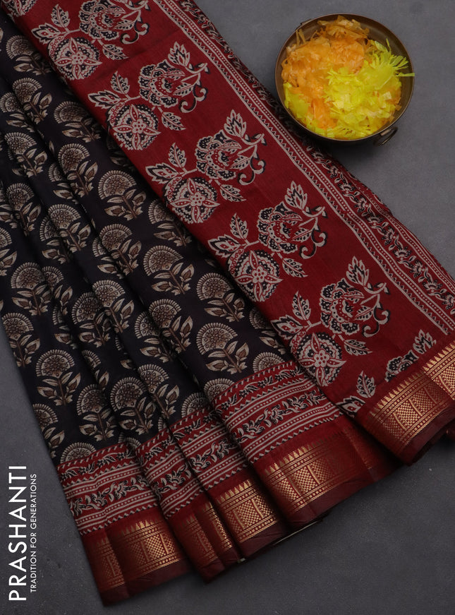 Semi maheshwari cotton saree black and maroon with allover butta prints and zari woven border