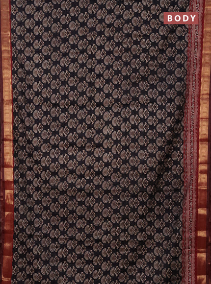Semi maheshwari cotton saree black and maroon with allover butta prints and zari woven border