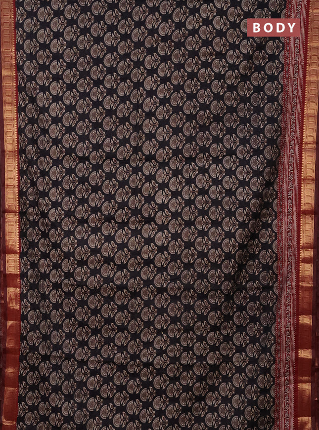 Semi maheshwari cotton saree black and maroon with allover butta prints and zari woven border