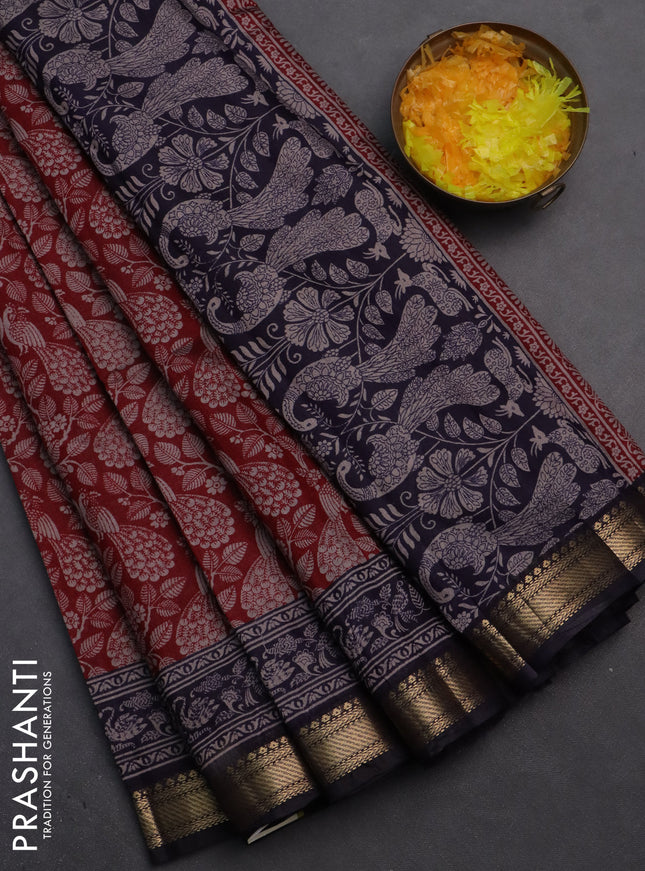 Semi maheshwari cotton saree maroon and dark blue with allover kalamkari prints and zari woven border