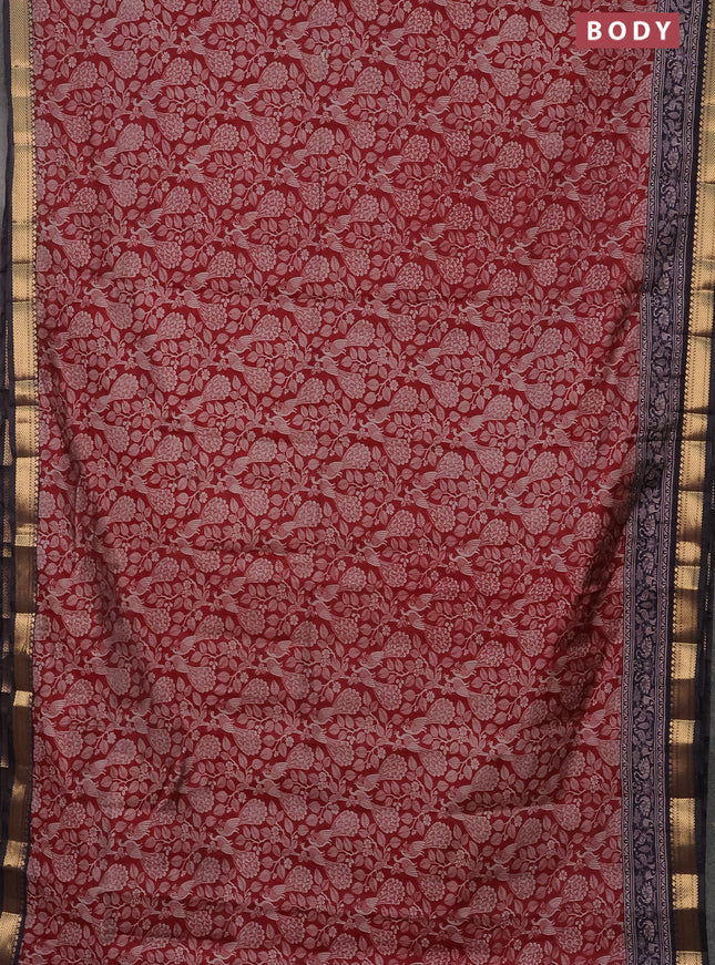 Semi maheshwari cotton saree maroon and dark blue with allover kalamkari prints and zari woven border