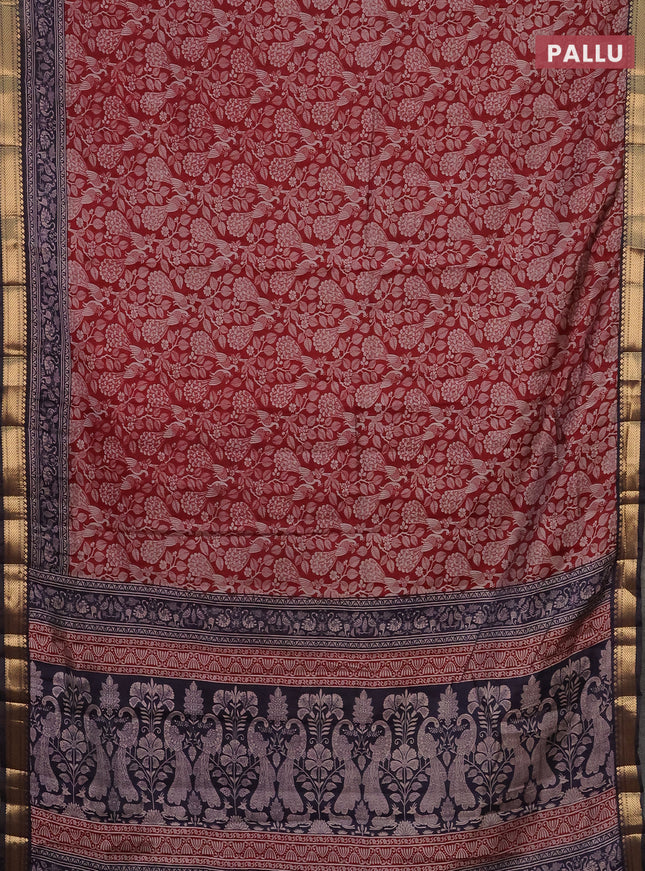 Semi maheshwari cotton saree maroon and dark blue with allover kalamkari prints and zari woven border