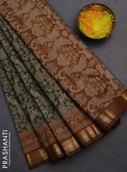 Semi maheshwari cotton saree sap green and dark mustard with allover kalamkari prints and zari woven border
