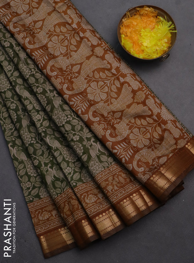 Semi maheshwari cotton saree sap green and dark mustard with allover kalamkari prints and zari woven border