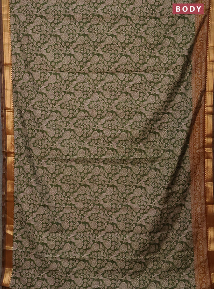 Semi maheshwari cotton saree sap green and dark mustard with allover kalamkari prints and zari woven border