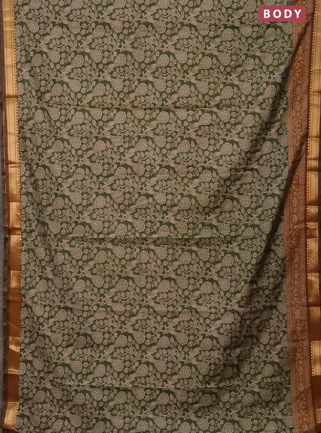 Semi maheshwari cotton saree sap green and dark mustard with allover kalamkari prints and zari woven border