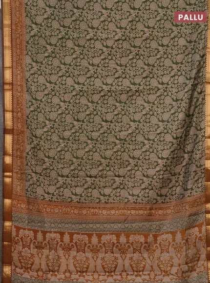 Semi maheshwari cotton saree sap green and dark mustard with allover kalamkari prints and zari woven border
