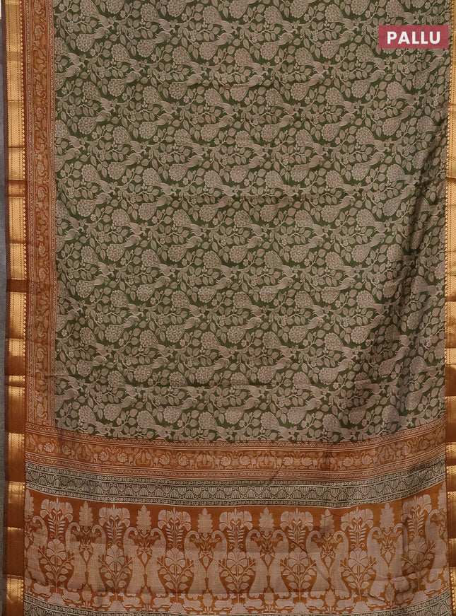 Semi maheshwari cotton saree sap green and dark mustard with allover kalamkari prints and zari woven border