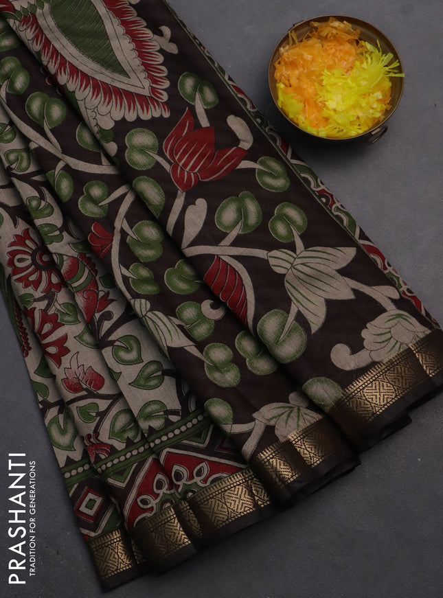 Semi maheshwari cotton saree beige sap green and coffee brown with allover kalamkari prints and zari woven border