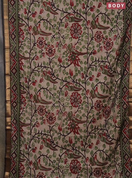 Semi maheshwari cotton saree beige sap green and coffee brown with allover kalamkari prints and zari woven border