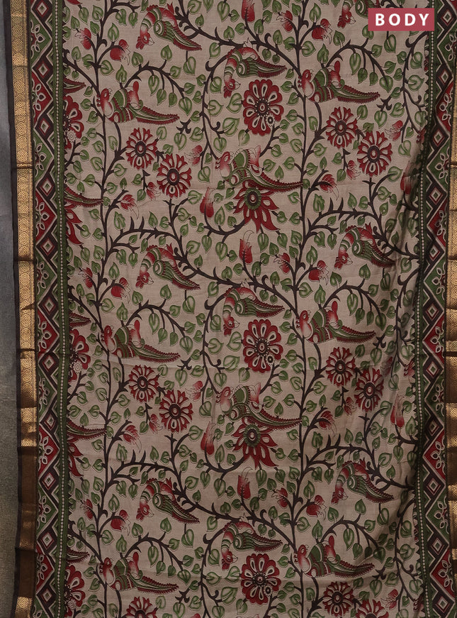 Semi maheshwari cotton saree beige sap green and coffee brown with allover kalamkari prints and zari woven border