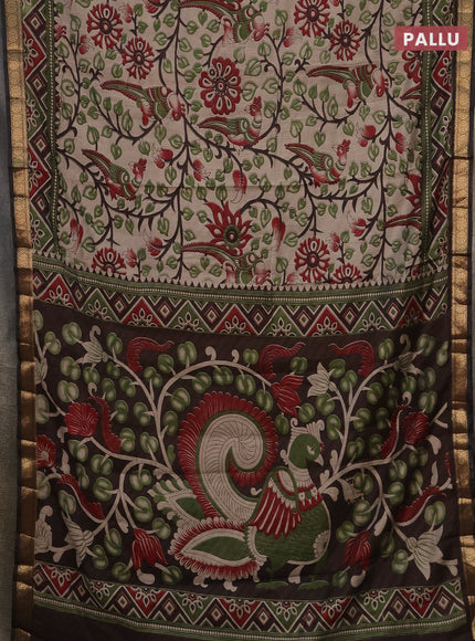 Semi maheshwari cotton saree beige sap green and coffee brown with allover kalamkari prints and zari woven border