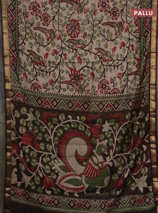 Semi maheshwari cotton saree beige sap green and coffee brown with allover kalamkari prints and zari woven border