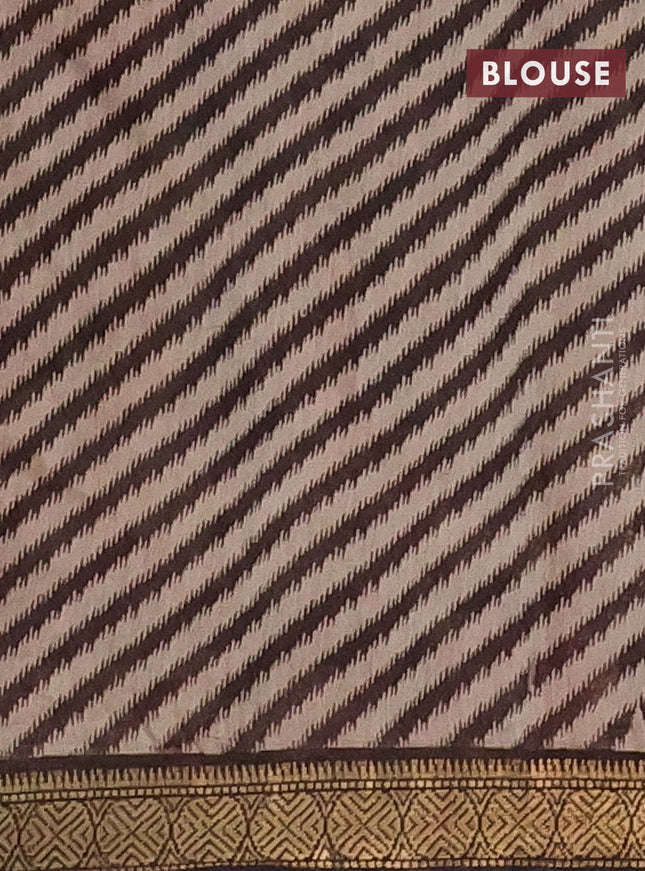 Semi maheshwari cotton saree beige sap green and coffee brown with allover kalamkari prints and zari woven border