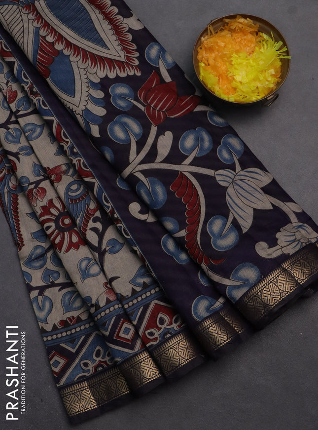 Semi maheshwari cotton saree beige blue and deep jamun with allover kalamkari prints and zari woven border