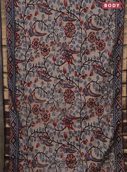 Semi maheshwari cotton saree beige blue and deep jamun with allover kalamkari prints and zari woven border