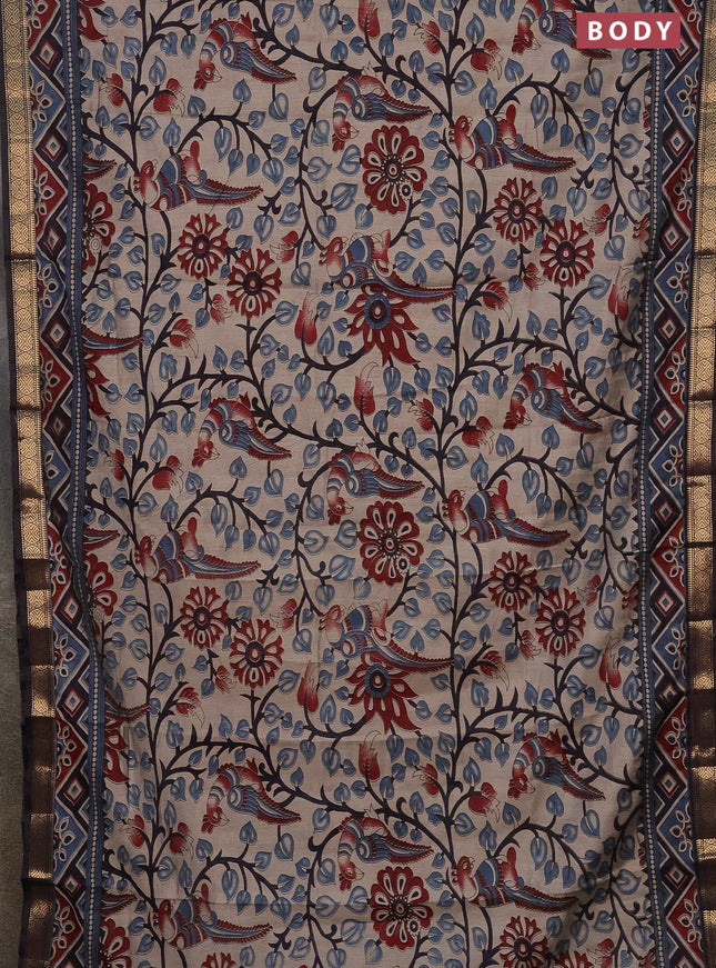 Semi maheshwari cotton saree beige blue and deep jamun with allover kalamkari prints and zari woven border