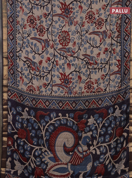 Semi maheshwari cotton saree beige blue and deep jamun with allover kalamkari prints and zari woven border