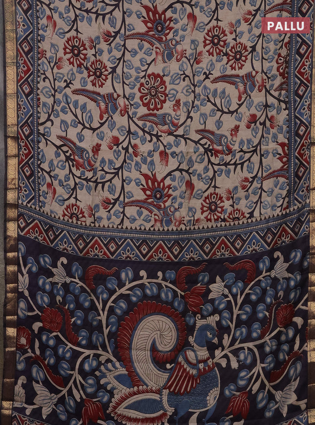 Semi maheshwari cotton saree beige blue and deep jamun with allover kalamkari prints and zari woven border