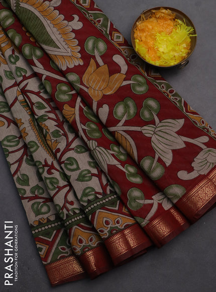 Semi maheshwari cotton saree beige green and maroon with allover kalamkari prints and zari woven border