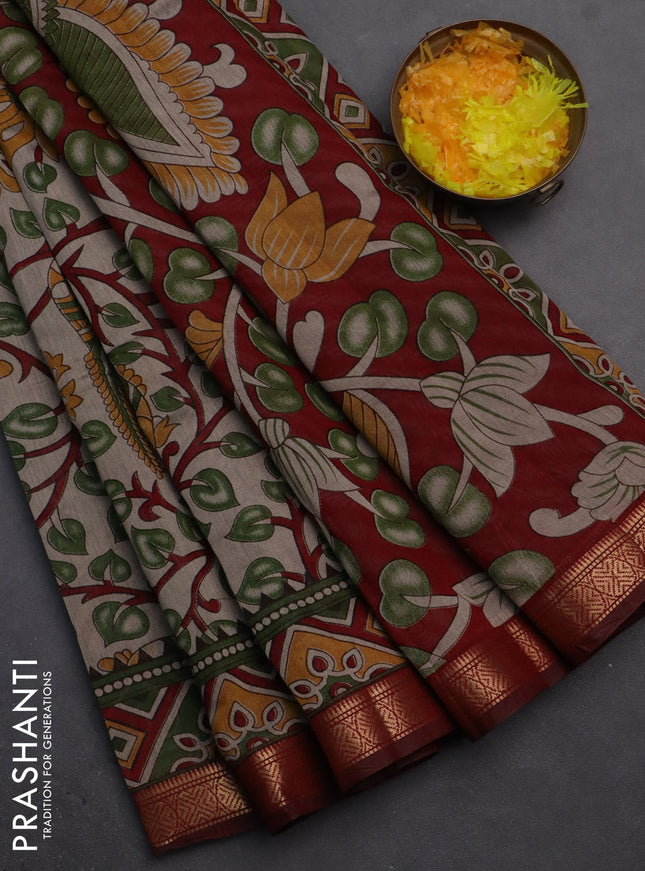 Semi maheshwari cotton saree beige green and maroon with allover kalamkari prints and zari woven border