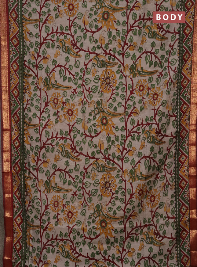 Semi maheshwari cotton saree beige green and maroon with allover kalamkari prints and zari woven border