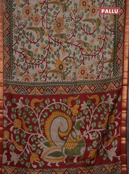 Semi maheshwari cotton saree beige green and maroon with allover kalamkari prints and zari woven border