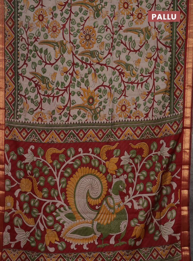Semi maheshwari cotton saree beige green and maroon with allover kalamkari prints and zari woven border