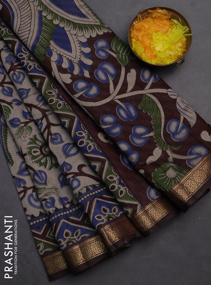Semi maheshwari cotton saree beige blue and coffee brown with allover kalamkari prints and zari woven border