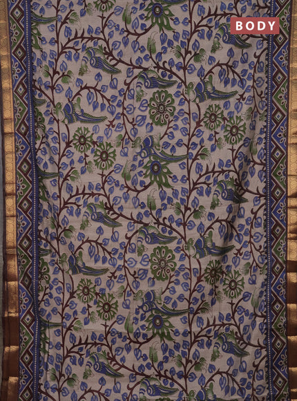 Semi maheshwari cotton saree beige blue and coffee brown with allover kalamkari prints and zari woven border