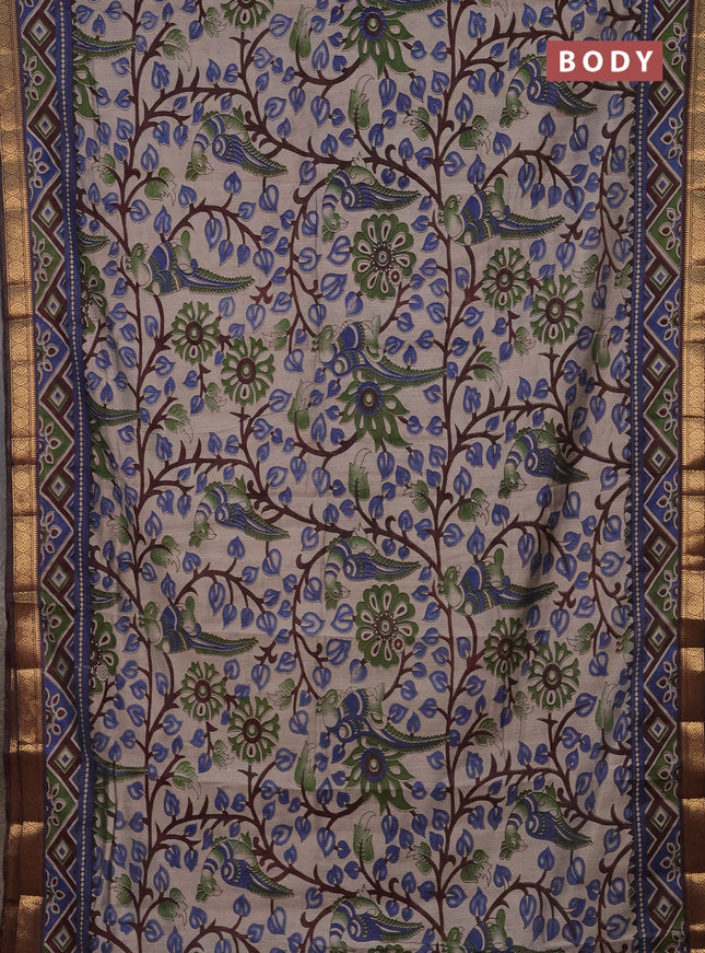 Semi maheshwari cotton saree beige blue and coffee brown with allover kalamkari prints and zari woven border
