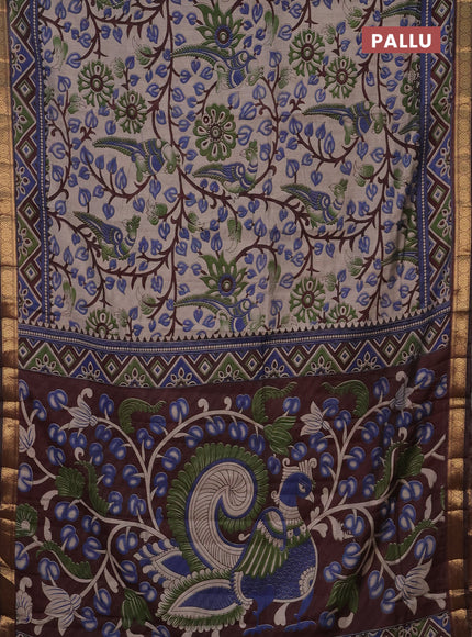 Semi maheshwari cotton saree beige blue and coffee brown with allover kalamkari prints and zari woven border
