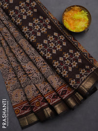 Semi maheshwari cotton saree beige and coffee brown with allover prints and zari woven border