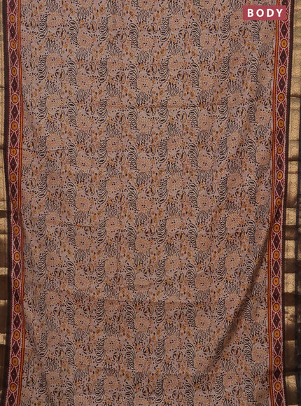 Semi maheshwari cotton saree beige and coffee brown with allover prints and zari woven border