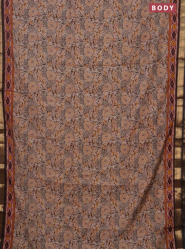Semi maheshwari cotton saree beige and coffee brown with allover prints and zari woven border