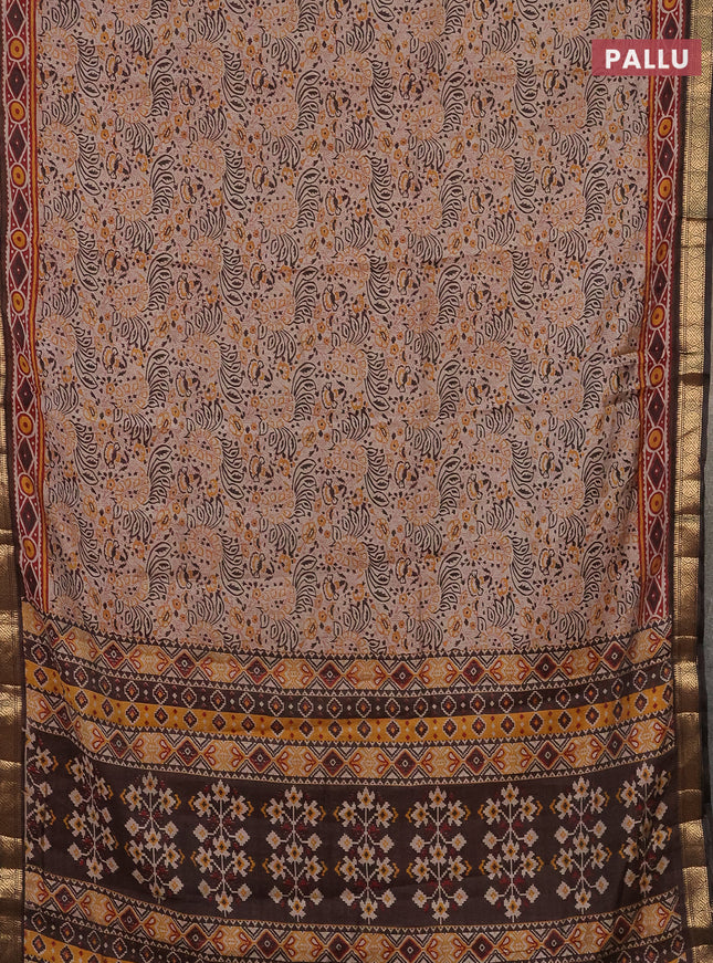 Semi maheshwari cotton saree beige and coffee brown with allover prints and zari woven border
