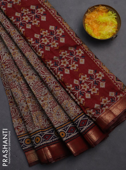 Semi maheshwari cotton saree beige and maroon with allover prints and zari woven border