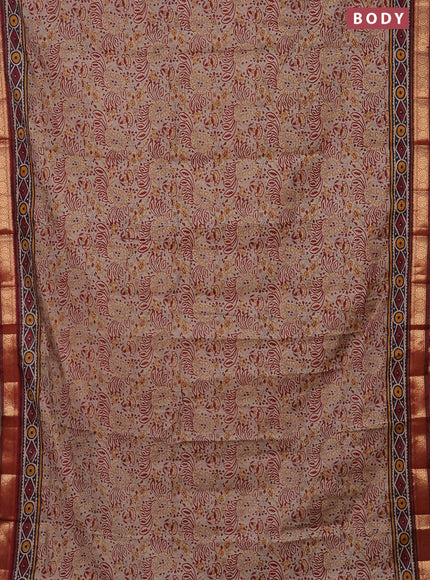 Semi maheshwari cotton saree beige and maroon with allover prints and zari woven border