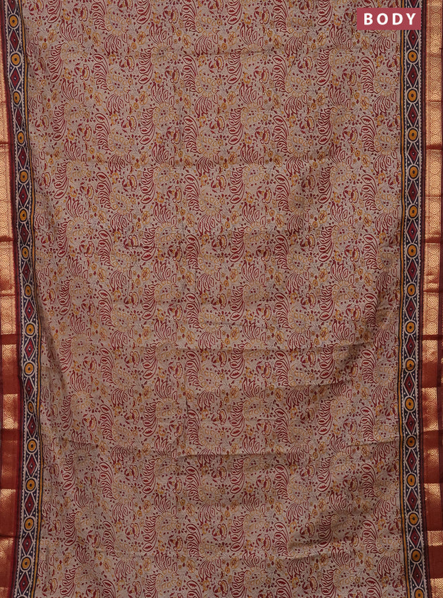 Semi maheshwari cotton saree beige and maroon with allover prints and zari woven border
