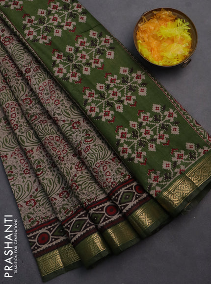 Semi maheshwari cotton saree beige and sap green with allover prints and zari woven border
