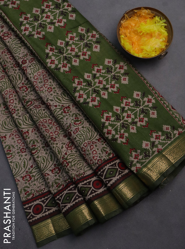 Semi maheshwari cotton saree beige and sap green with allover prints and zari woven border