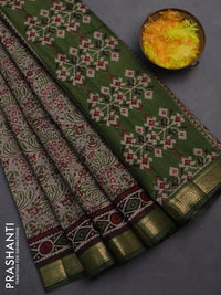 Semi maheshwari cotton saree beige and sap green with allover prints and zari woven border