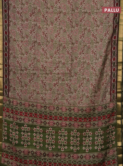 Semi maheshwari cotton saree beige and sap green with allover prints and zari woven border