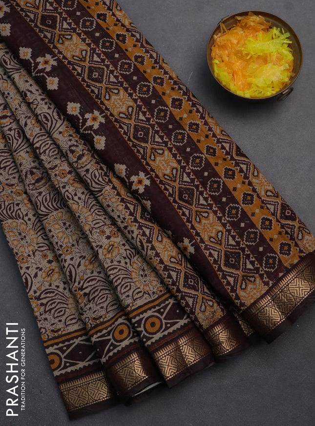 Semi maheshwari cotton saree beige and coffee brown with allover prints and zari woven border