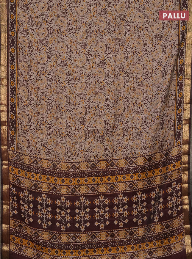 Semi maheshwari cotton saree beige and coffee brown with allover prints and zari woven border