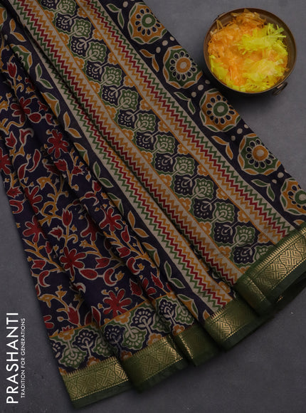 Semi maheshwari cotton saree dark blue and sap green with allover kalamkari prints and zari woven border